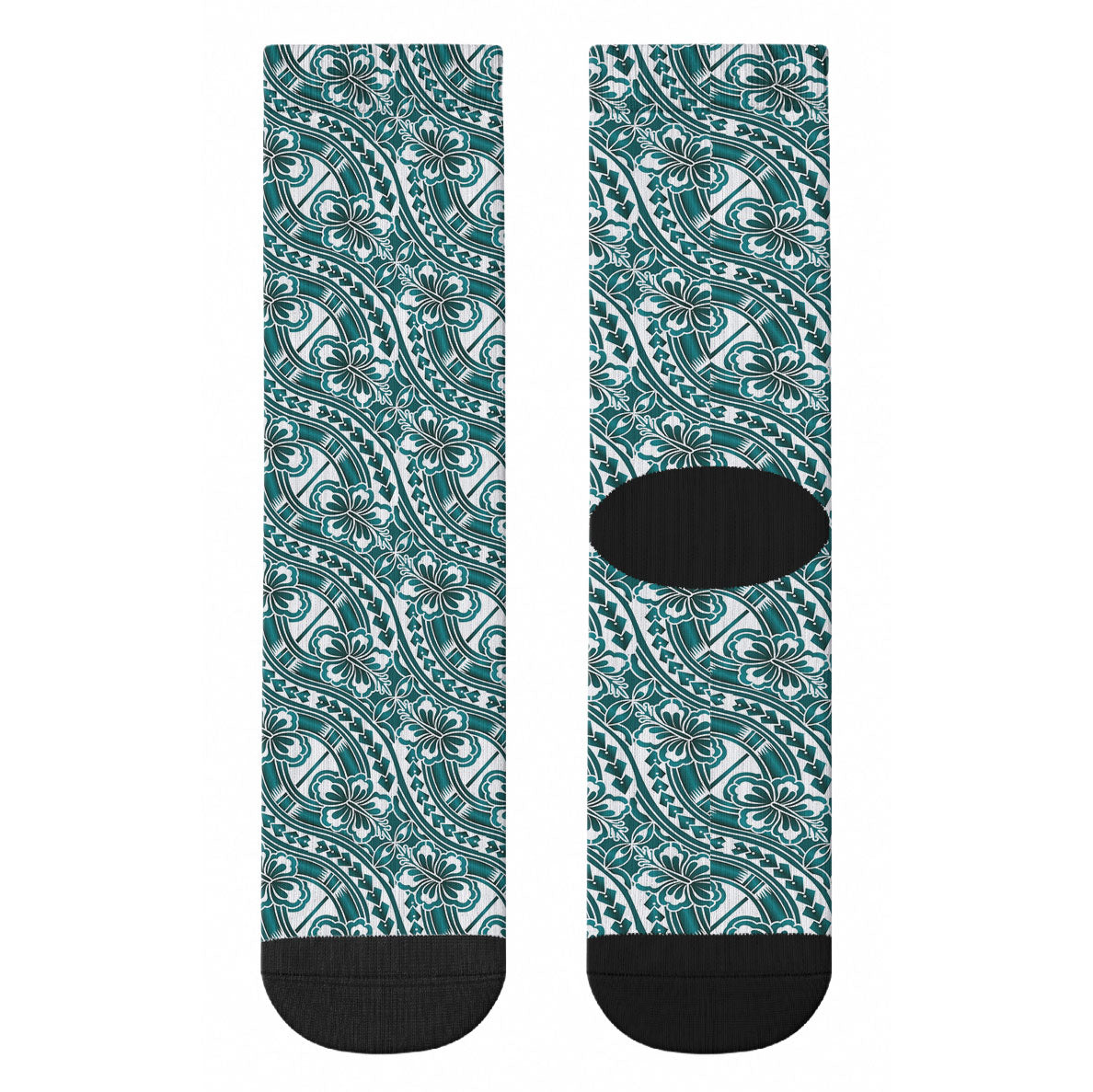 Hibiscus Bloom Island Tribal Waves Crew Socks Teal Polynesian Pattern LT01 - Polynesian Pride