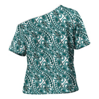 Hibiscus Bloom Island Tribal Waves Cross Shoulder Shirt Teal Polynesian Pattern LT01 - Polynesian Pride