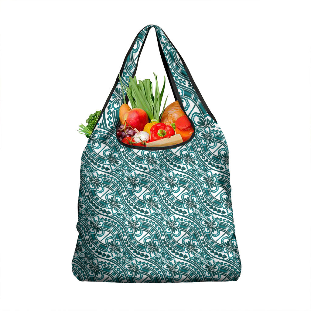 Hibiscus Bloom Island Tribal Waves Grocery Bag Teal Polynesian Pattern LT01 1-pack One Size Teal - Polynesian Pride
