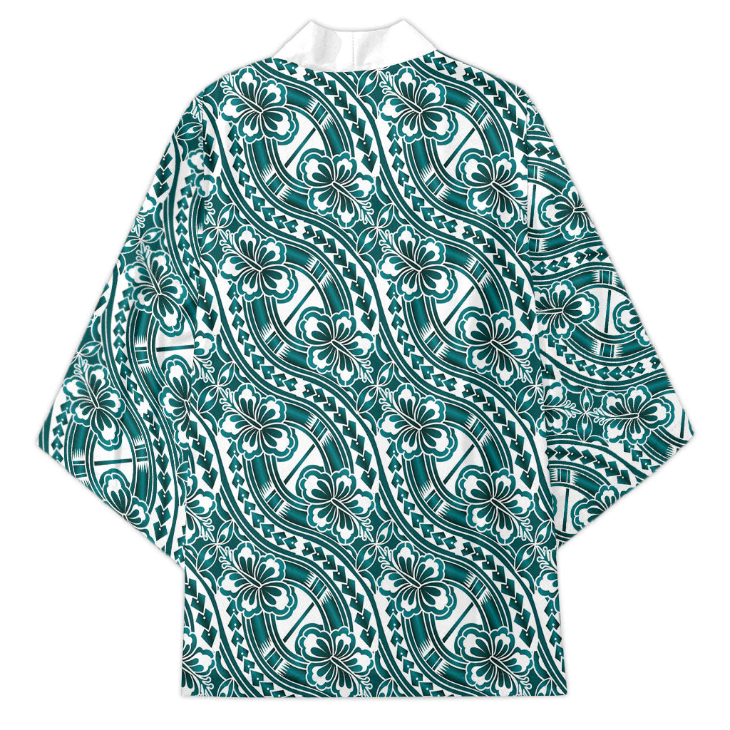 Hibiscus Bloom Island Tribal Waves Kimono Teal Polynesian Pattern LT01 - Polynesian Pride