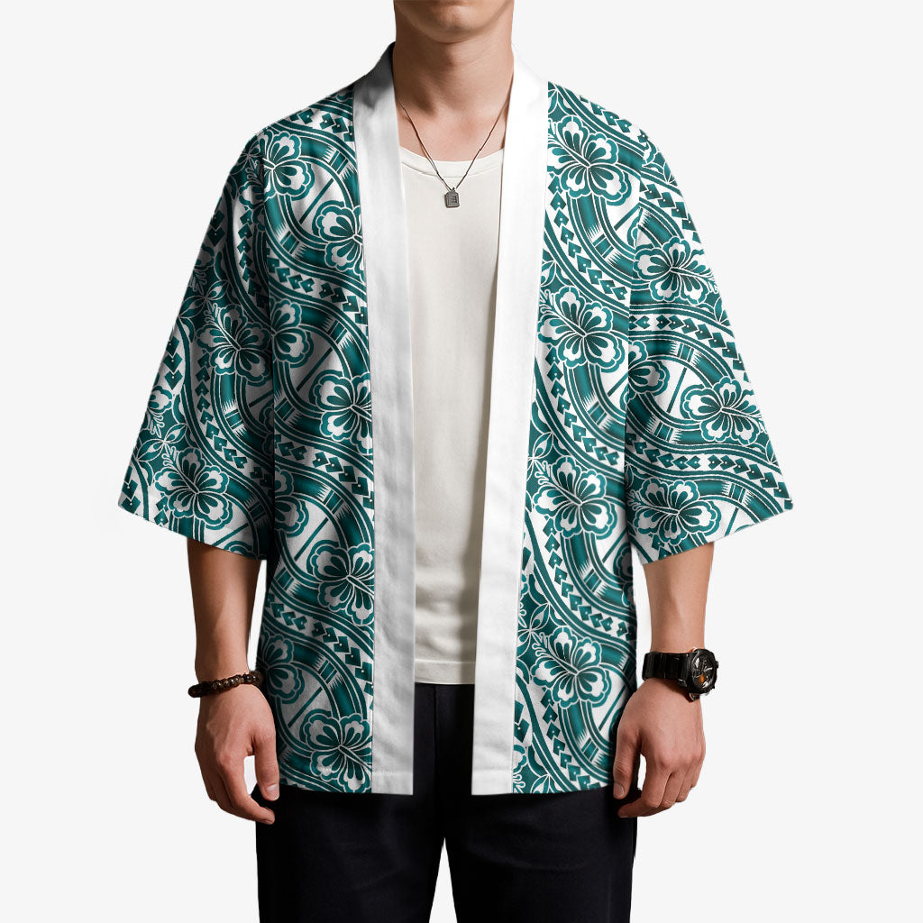 Hibiscus Bloom Island Tribal Waves Kimono Teal Polynesian Pattern LT01 - Polynesian Pride