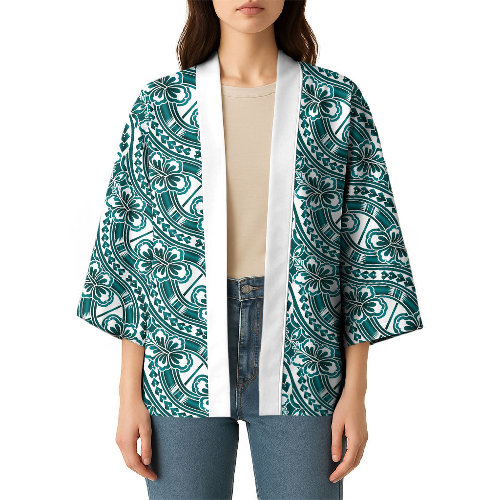 Hibiscus Bloom Island Tribal Waves Kimono Teal Polynesian Pattern LT01 - Polynesian Pride