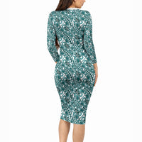 Hibiscus Bloom Island Tribal Waves Long Sleeve Bodycon Dress Teal Polynesian Pattern LT01 - Polynesian Pride