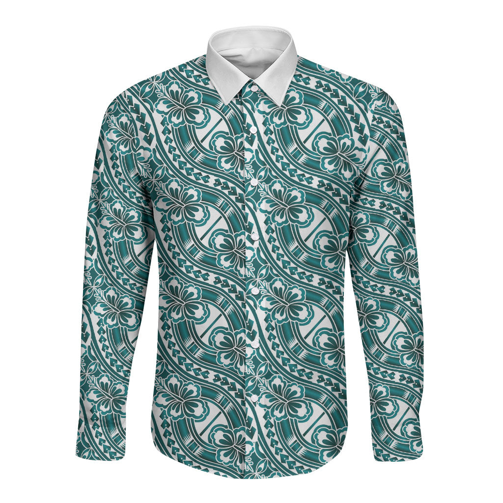 Hibiscus Bloom Island Tribal Waves Long Sleeve Button Shirt Teal Polynesian Pattern