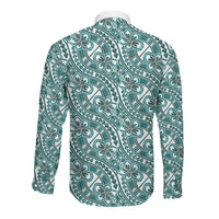 Hibiscus Bloom Island Tribal Waves Long Sleeve Button Shirt Teal Polynesian Pattern LT01 - Polynesian Pride