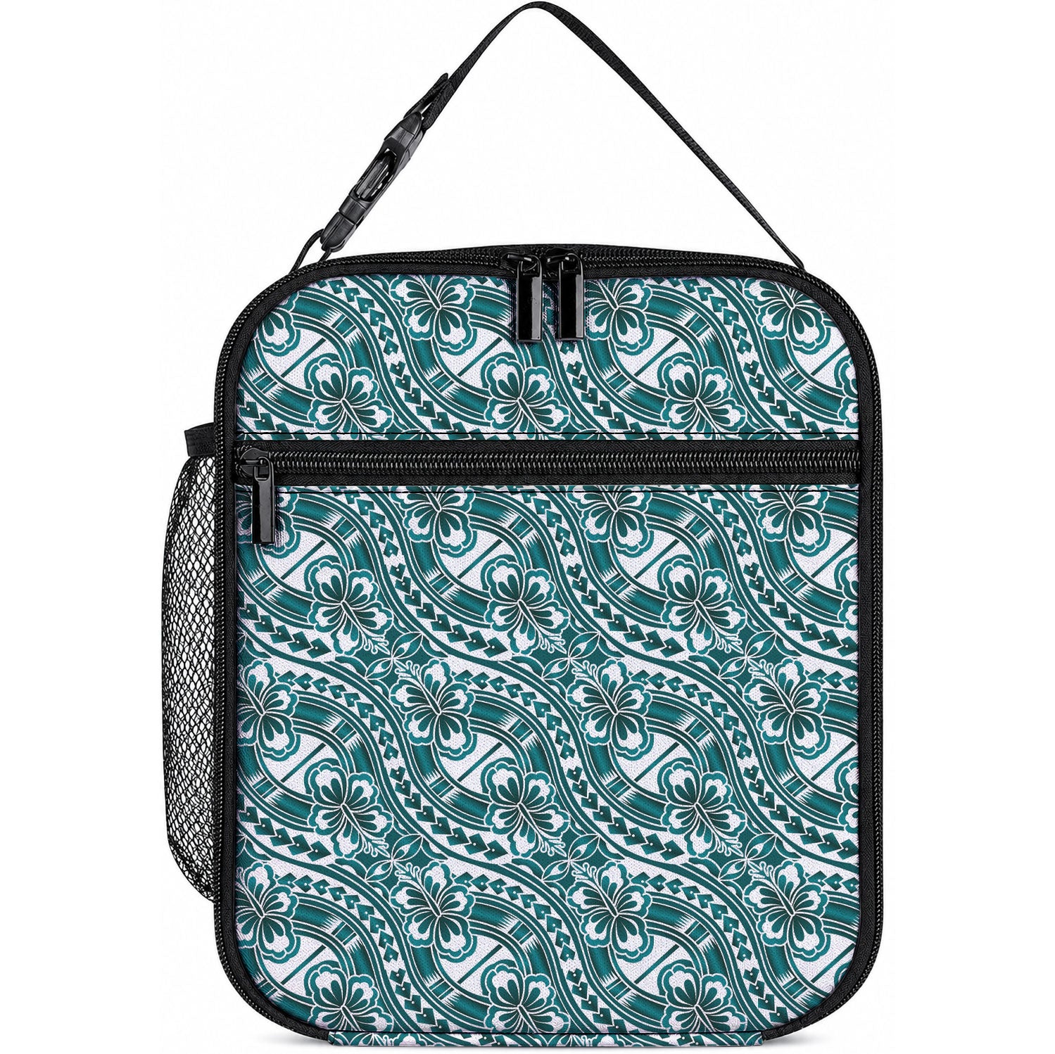 Hibiscus Bloom Island Tribal Waves Lunch Bag Teal Polynesian Pattern