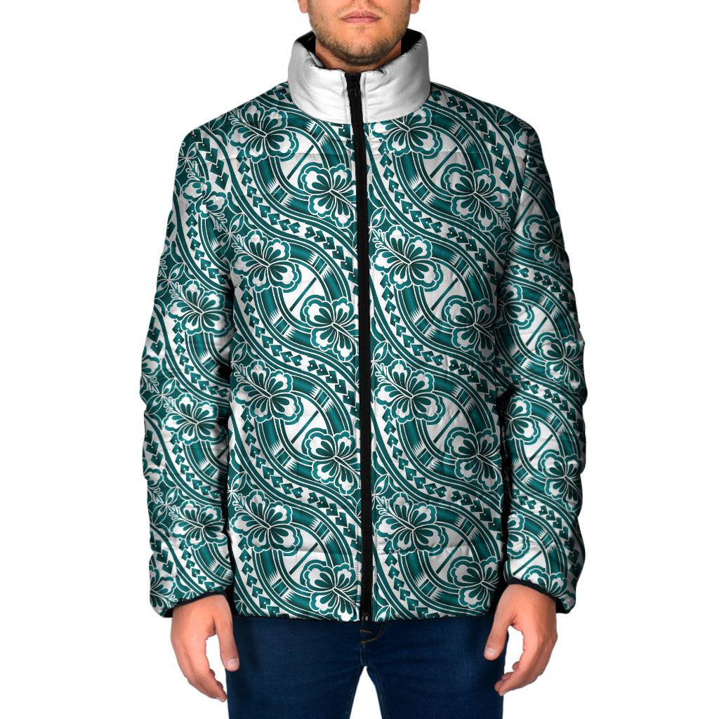 Hibiscus Bloom Island Tribal Waves Padded Jacket Teal Polynesian Pattern