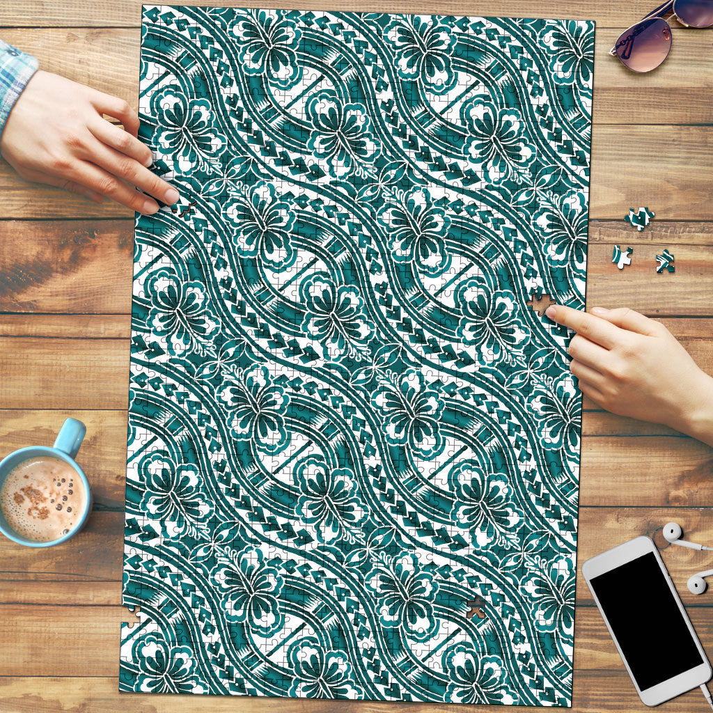 Hibiscus Bloom Island Tribal Waves Puzzle Teal Polynesian Pattern