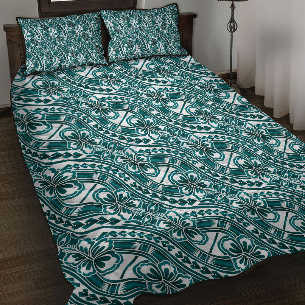 Hibiscus Bloom Island Tribal Waves Quilt Bed Set Teal Polynesian Pattern LT01 Teal - Polynesian Pride