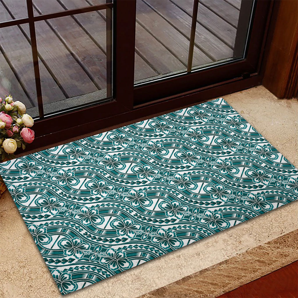 Hibiscus Bloom Island Tribal Waves Rubber Doormat Teal Polynesian Pattern LT01 - Polynesian Pride