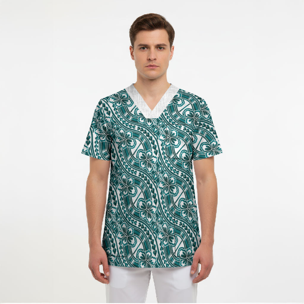 Hibiscus Bloom Island Tribal Waves Scrub Top Teal Polynesian Pattern LT01 - Polynesian Pride