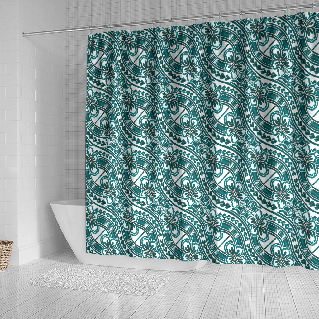 Hibiscus Bloom Island Tribal Waves Shower Curtain Teal Polynesian Pattern LT01 - Polynesian Pride
