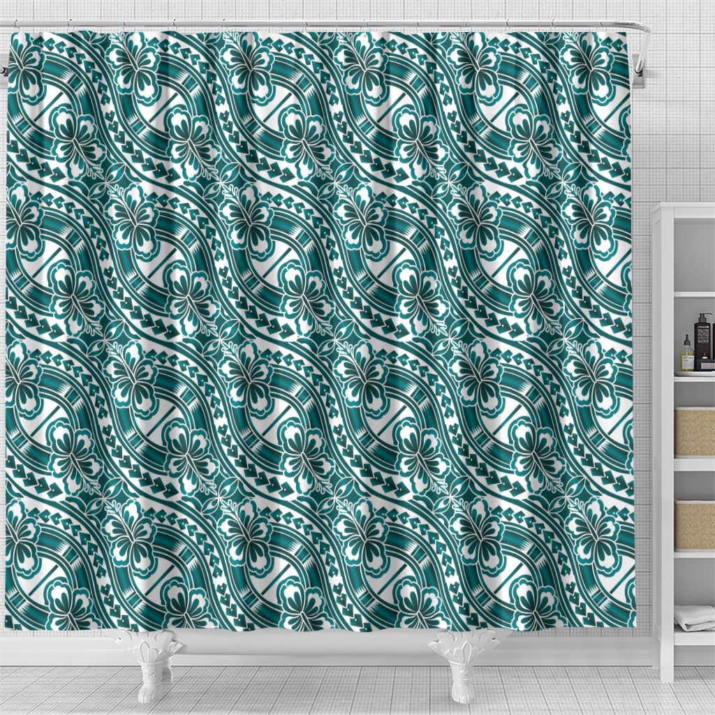 Hibiscus Bloom Island Tribal Waves Shower Curtain Teal Polynesian Pattern LT01 - Polynesian Pride