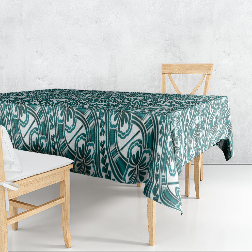 Hibiscus Bloom Island Tribal Waves Tablecloth Teal Polynesian Pattern