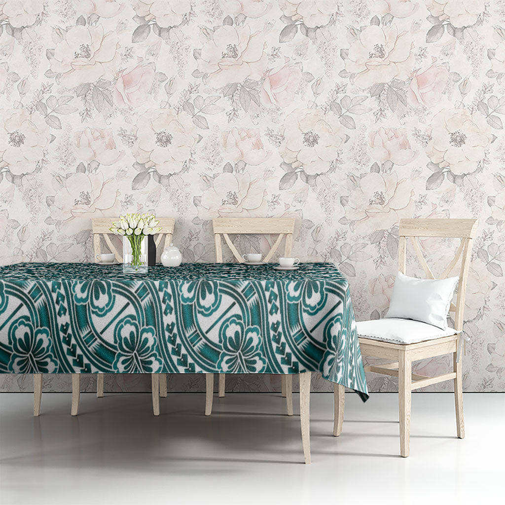 Hibiscus Bloom Island Tribal Waves Tablecloth Teal Polynesian Pattern