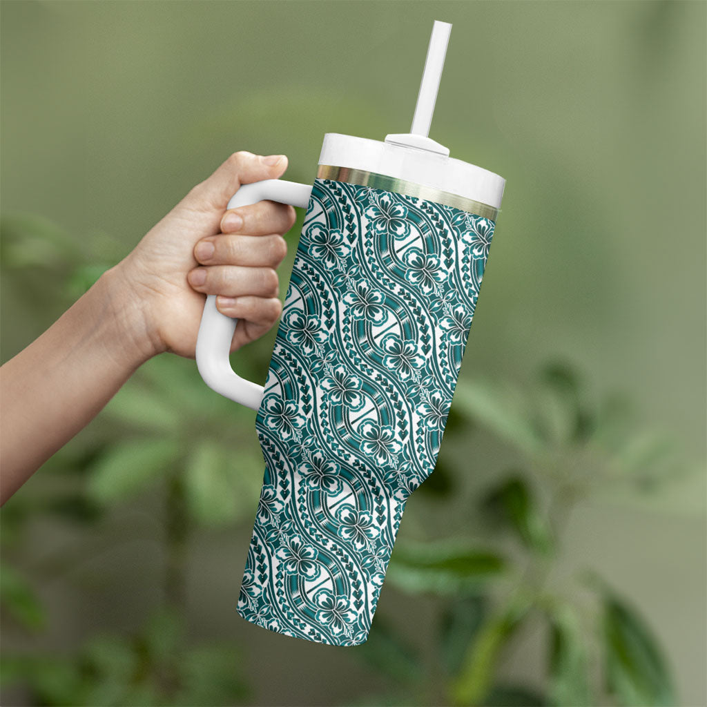 Hibiscus Bloom Island Tribal Waves Tumbler With Handle Teal Polynesian Pattern LT01 - Polynesian Pride