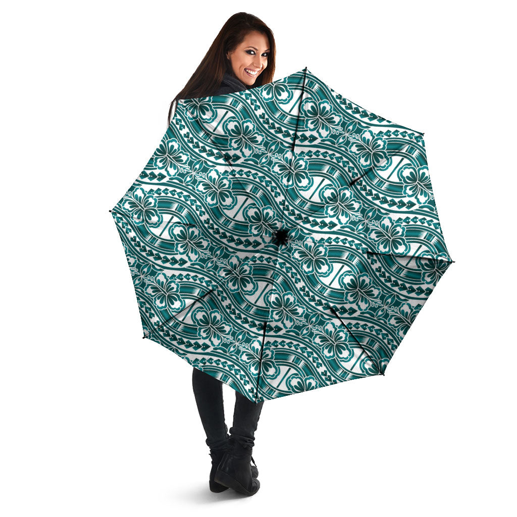 Hibiscus Bloom Island Tribal Waves Umbrella Teal Polynesian Pattern LT01 - Polynesian Pride