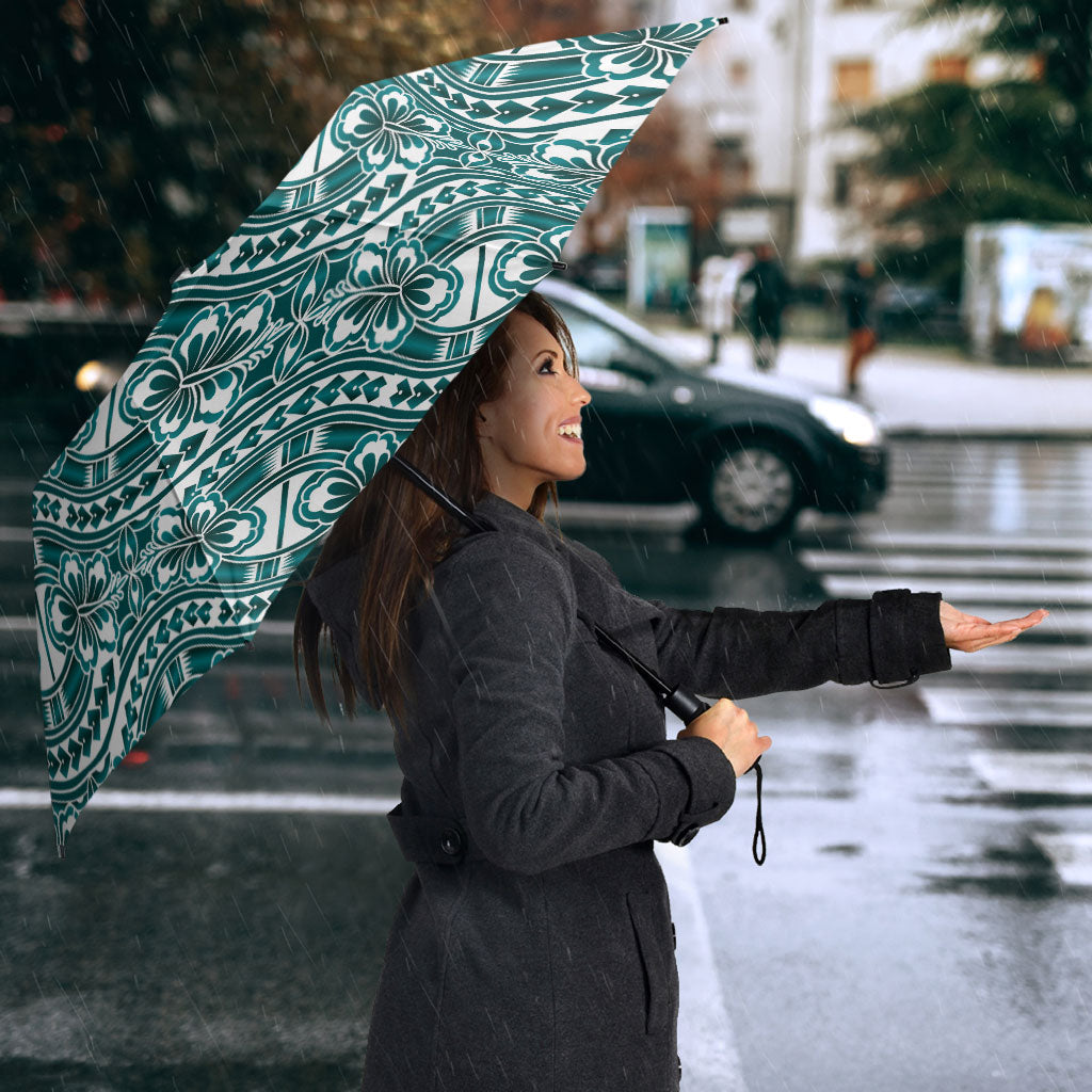 Hibiscus Bloom Island Tribal Waves Umbrella Teal Polynesian Pattern LT01 - Polynesian Pride