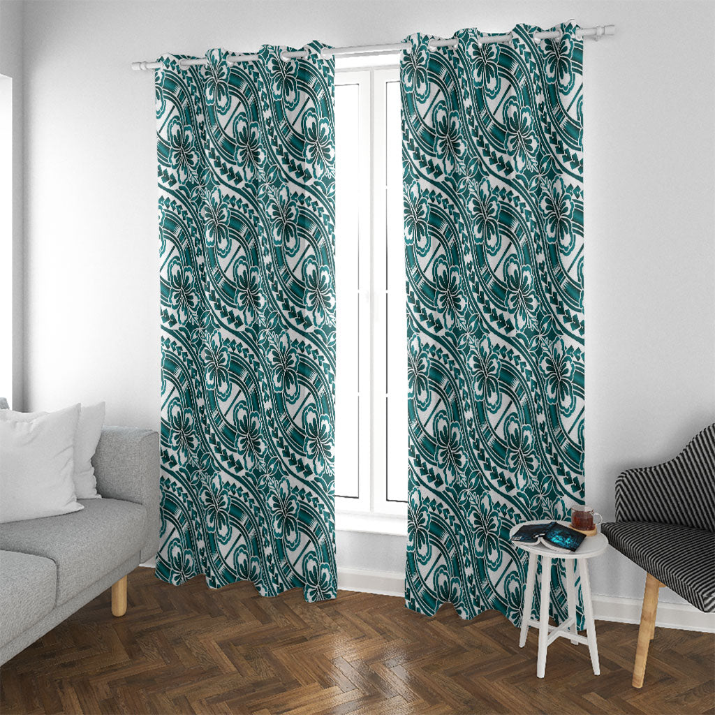 Hibiscus Bloom Island Tribal Waves Window Curtain Teal Polynesian Pattern LT01 With Grommets Teal - Polynesian Pride