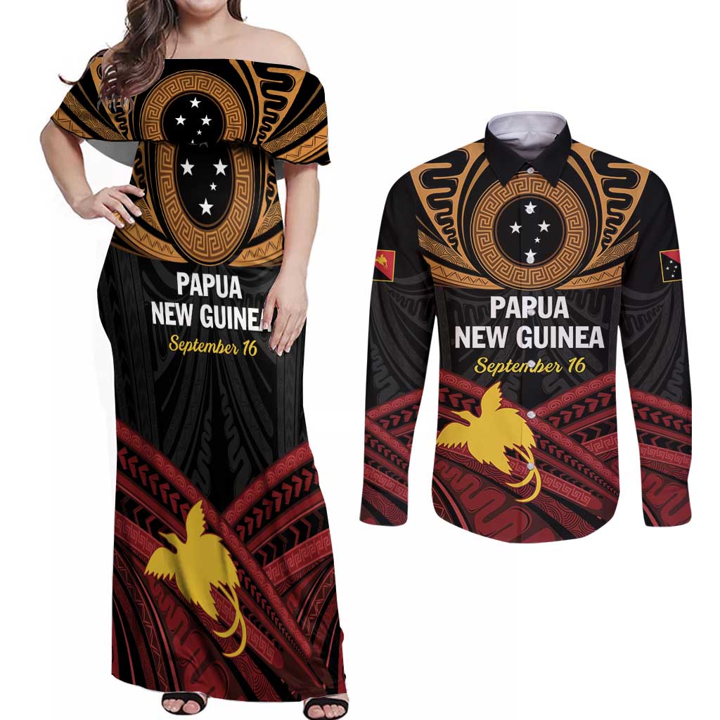 Papua New Guinea Bird of Paradise Couples Matching Off Shoulder Maxi Dress and Long Sleeve Button Shirt 16 September 1975 Independence Day Anniversary LT01 Black - Polynesian Pride