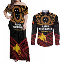 Papua New Guinea Bird of Paradise Couples Matching Off Shoulder Maxi Dress and Long Sleeve Button Shirt 16 September 1975 Independence Day Anniversary LT01 Black - Polynesian Pride
