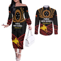 Papua New Guinea Bird of Paradise Couples Matching Off The Shoulder Long Sleeve Dress and Long Sleeve Button Shirt 16 September 1975 Independence Day Anniversary LT01 Black - Polynesian Pride