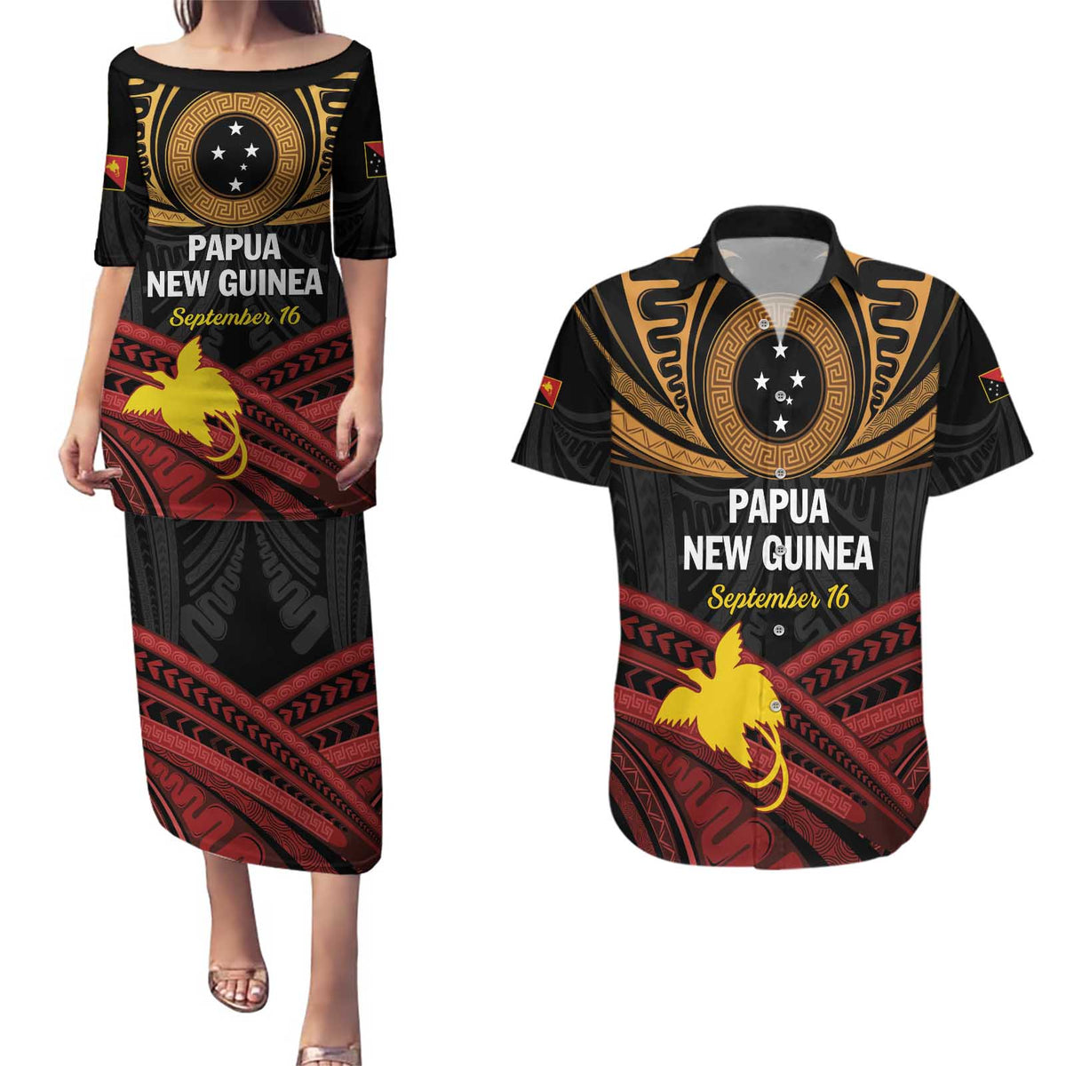 Papua New Guinea Bird of Paradise Couples Matching Puletasi and Hawaiian Shirt 16 September 1975 Independence Day Anniversary LT01 Black - Polynesian Pride
