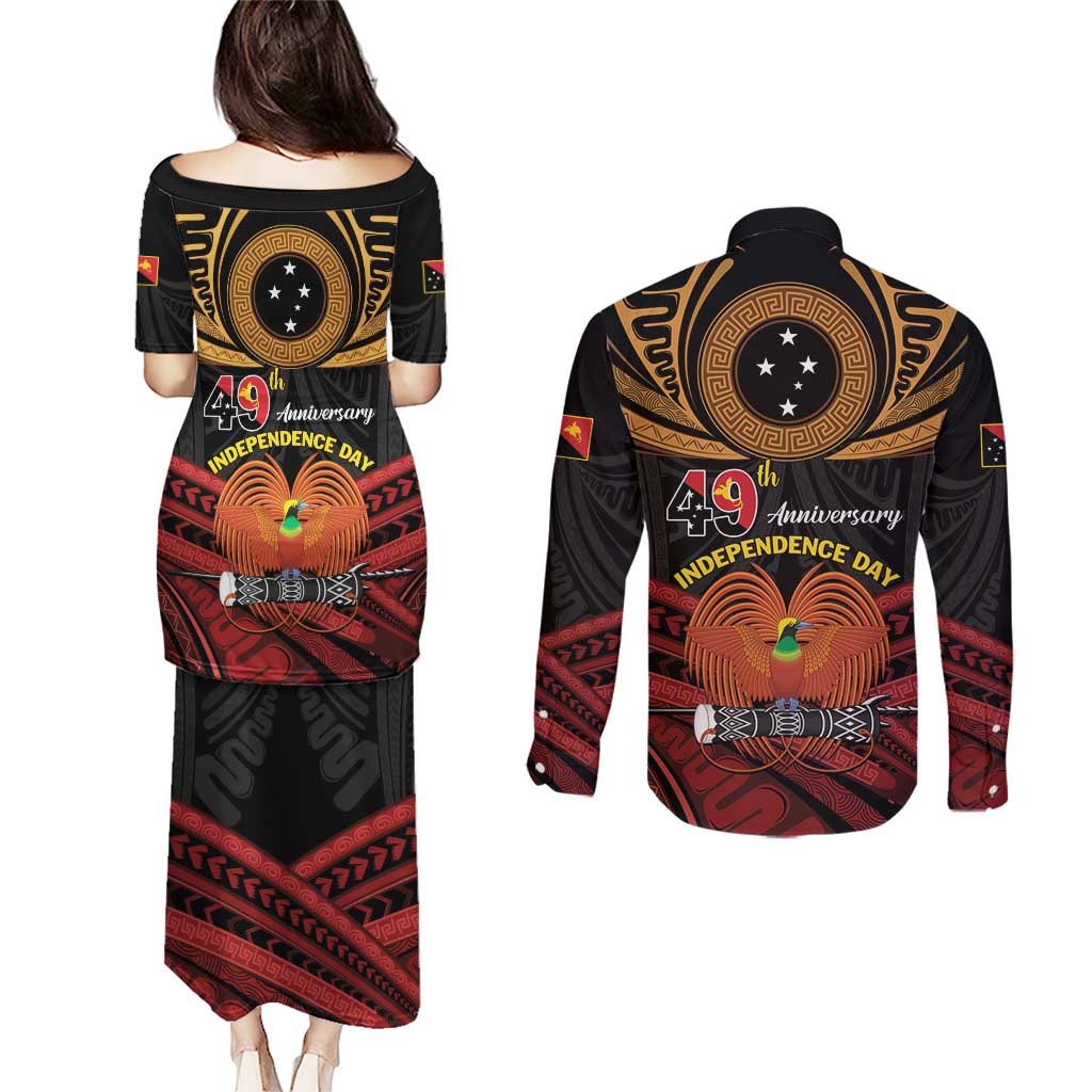 Papua New Guinea Bird of Paradise Couples Matching Puletasi and Long Sleeve Button Shirt 16 September 1975 Independence Day Anniversary LT01 - Polynesian Pride