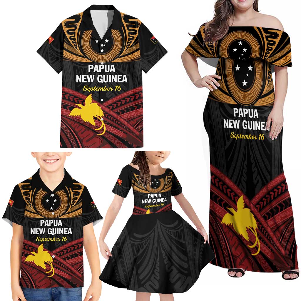 Papua New Guinea Bird of Paradise Family Matching Off Shoulder Maxi Dress and Hawaiian Shirt 16 September 1975 Independence Day Anniversary LT01 - Polynesian Pride