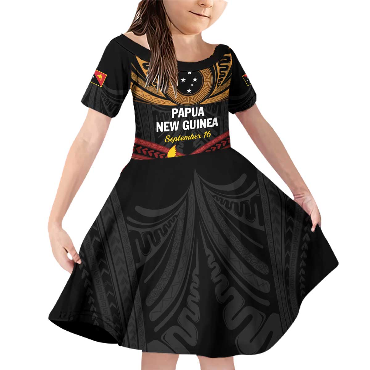 Papua New Guinea Bird of Paradise Family Matching Off Shoulder Short Dress and Hawaiian Shirt 16 September 1975 Independence Day Anniversary LT01 Daughter's Dress Black - Polynesian Pride