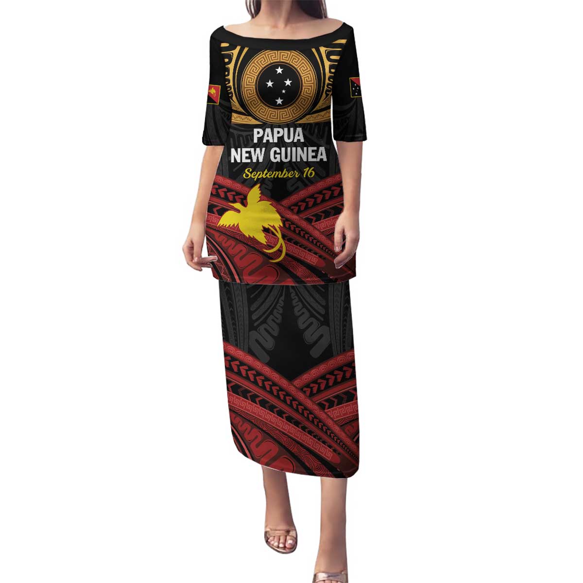 Papua New Guinea Bird of Paradise Family Matching Puletasi and Hawaiian Shirt 16 September 1975 Independence Day Anniversary LT01 Mom's Dress Black - Polynesian Pride
