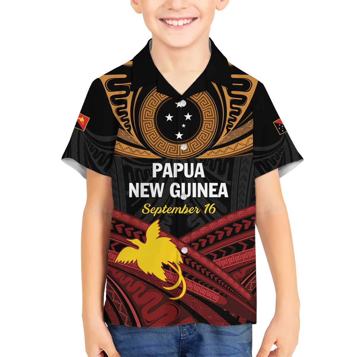 Papua New Guinea Bird of Paradise Family Matching Puletasi and Hawaiian Shirt 16 September 1975 Independence Day Anniversary LT01 Son's Shirt Black - Polynesian Pride