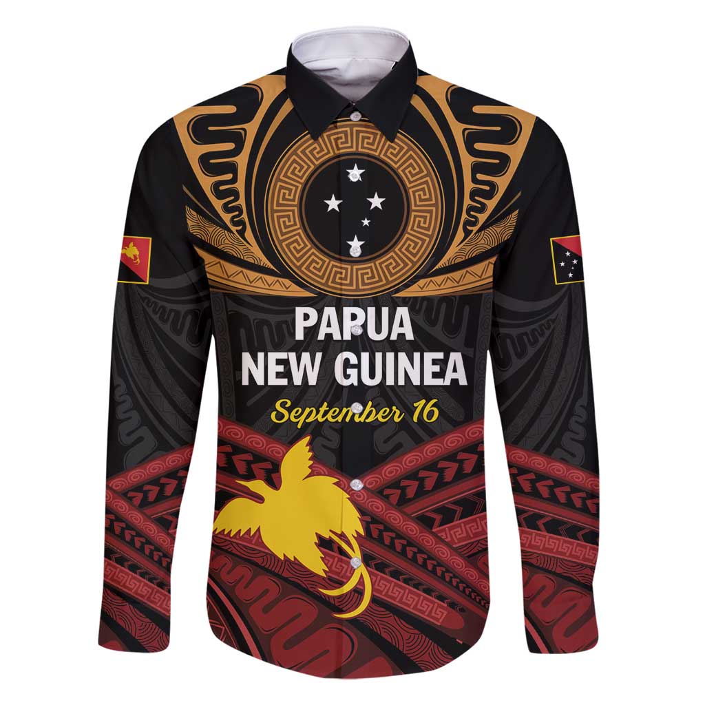 Papua New Guinea Bird of Paradise Family Matching Tank Maxi Dress and Hawaiian Shirt 16 September 1975 Independence Day Anniversary LT01 Dad's Shirt - Long Sleeve Black - Polynesian Pride