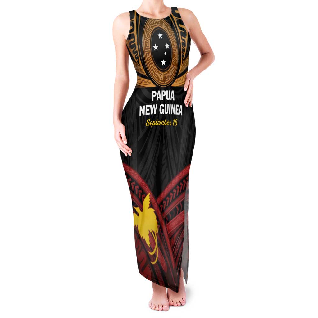 Papua New Guinea Bird of Paradise Family Matching Tank Maxi Dress and Hawaiian Shirt 16 September 1975 Independence Day Anniversary LT01 Mom's Dress Black - Polynesian Pride