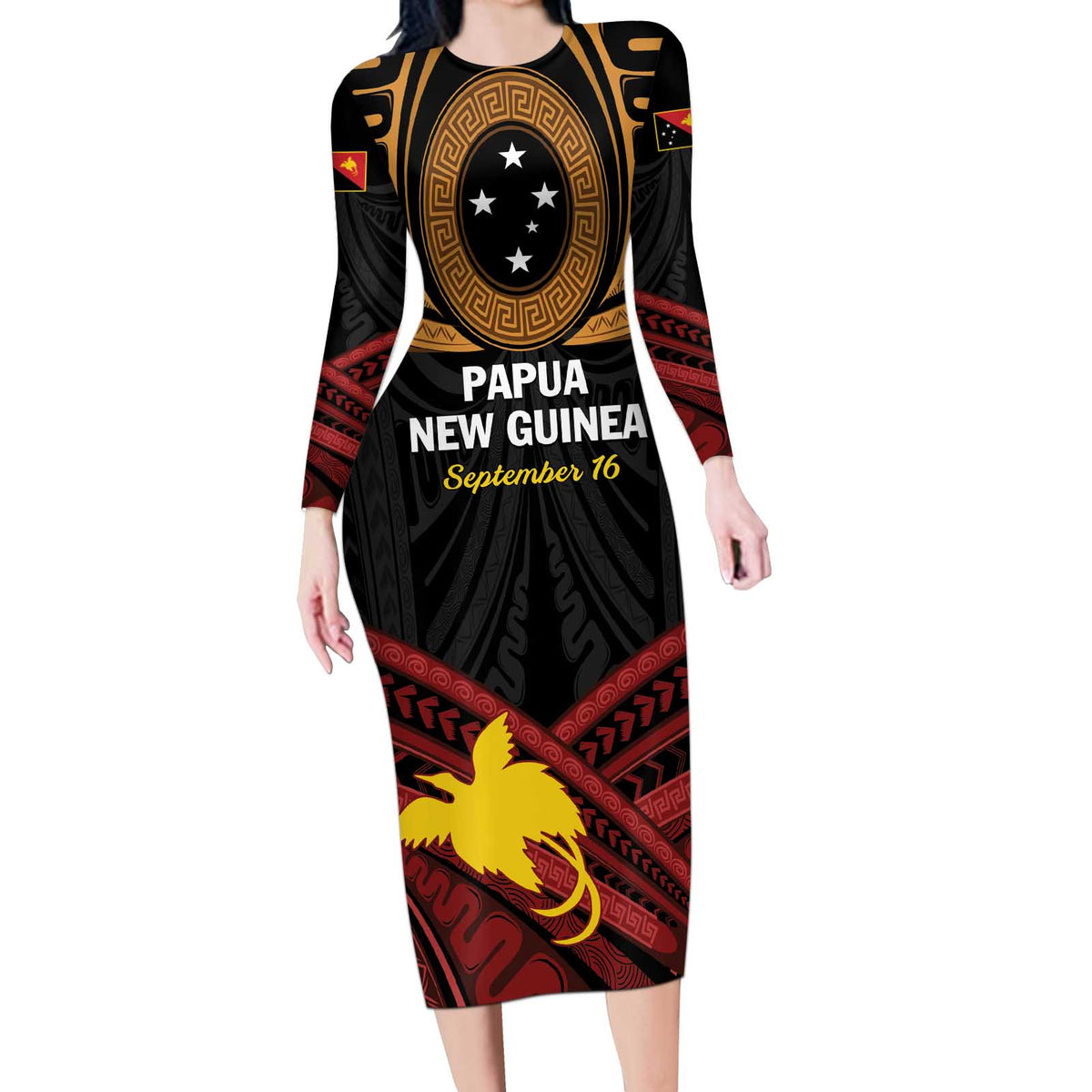 Papua New Guinea Bird of Paradise Long Sleeve Bodycon Dress 16 September 1975 Independence Day Anniversary LT01 Long Dress Black - Polynesian Pride