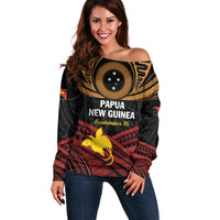 Papua New Guinea Bird of Paradise Off Shoulder Sweater 16 September 1975 Independence Day Anniversary LT01 Women Black - Polynesian Pride