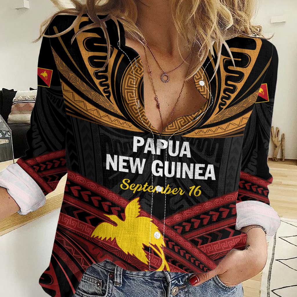 Papua New Guinea Bird of Paradise Women Casual Shirt 16 September 1975 Independence Day Anniversary LT01 Female Black - Polynesian Pride