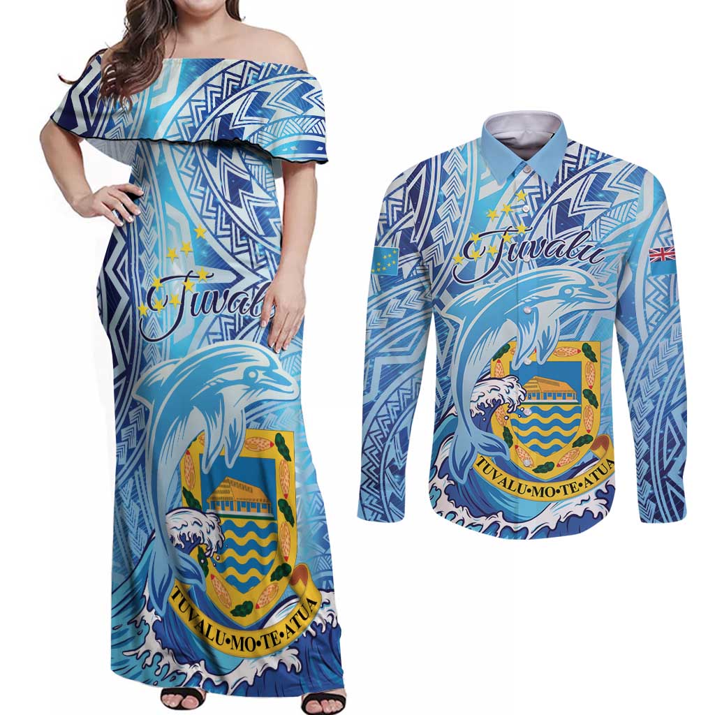 Tuvalu mo te Atua Couples Matching Off Shoulder Maxi Dress and Long Sleeve Button Shirt Tuvalu Dolphin Polynesian Pattern LT01 Blue - Polynesian Pride