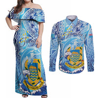 Tuvalu mo te Atua Couples Matching Off Shoulder Maxi Dress and Long Sleeve Button Shirt Tuvalu Dolphin Polynesian Pattern LT01 Blue - Polynesian Pride