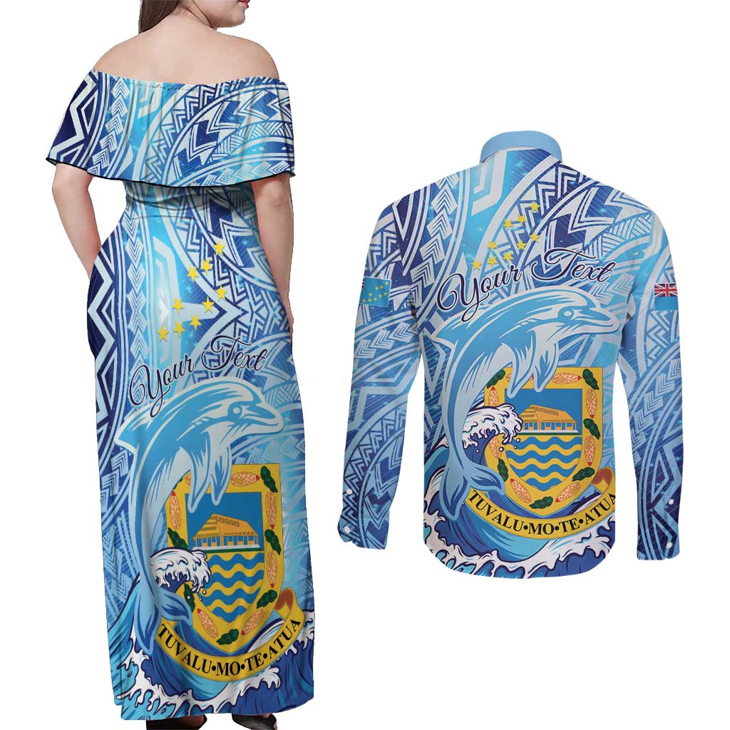 Tuvalu mo te Atua Couples Matching Off Shoulder Maxi Dress and Long Sleeve Button Shirt Tuvalu Dolphin Polynesian Pattern LT01 - Polynesian Pride
