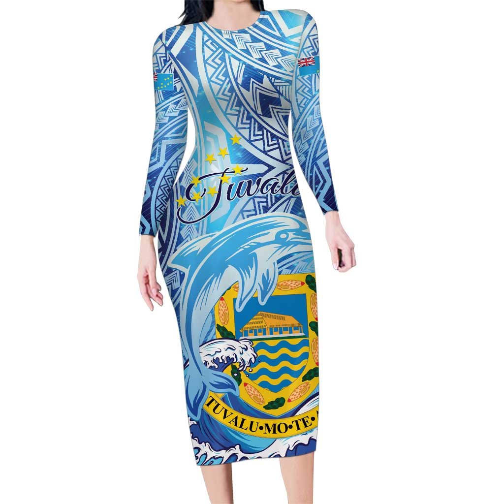 Tuvalu mo te Atua Family Matching Long Sleeve Bodycon Dress and Hawaiian Shirt Tuvalu Dolphin Polynesian Pattern LT01 Mom's Dress Blue - Polynesian Pride
