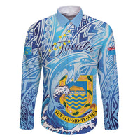 Tuvalu mo te Atua Family Matching Mermaid Dress and Hawaiian Shirt Tuvalu Dolphin Polynesian Pattern LT01 Dad's Shirt - Long Sleeve Blue - Polynesian Pride