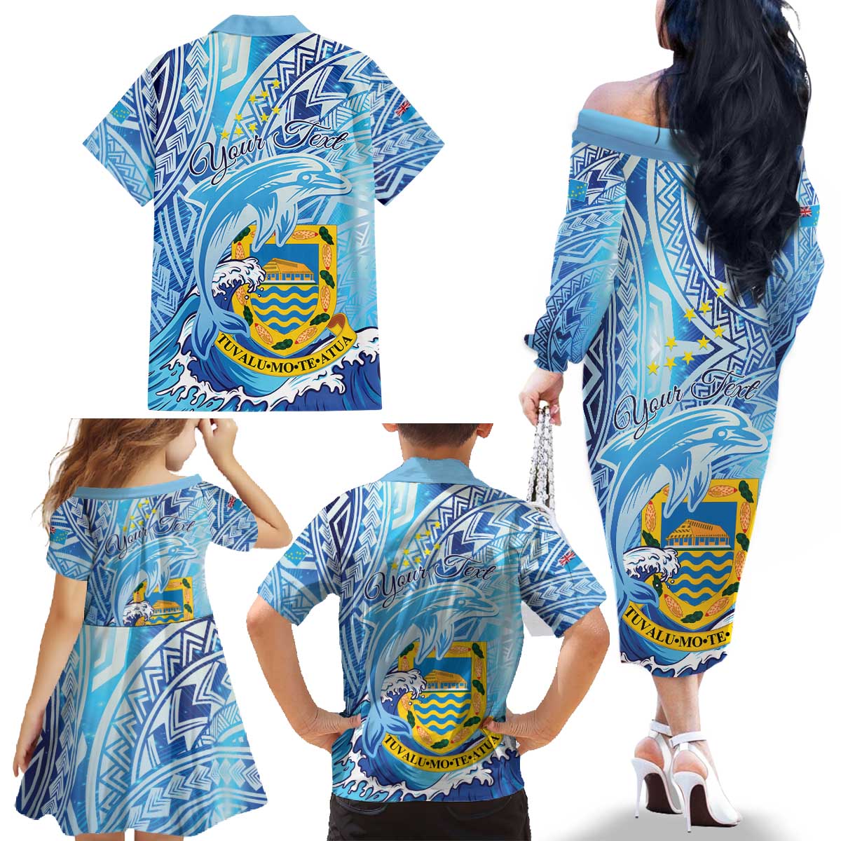 Tuvalu mo te Atua Family Matching Off The Shoulder Long Sleeve Dress and Hawaiian Shirt Tuvalu Dolphin Polynesian Pattern LT01 - Polynesian Pride