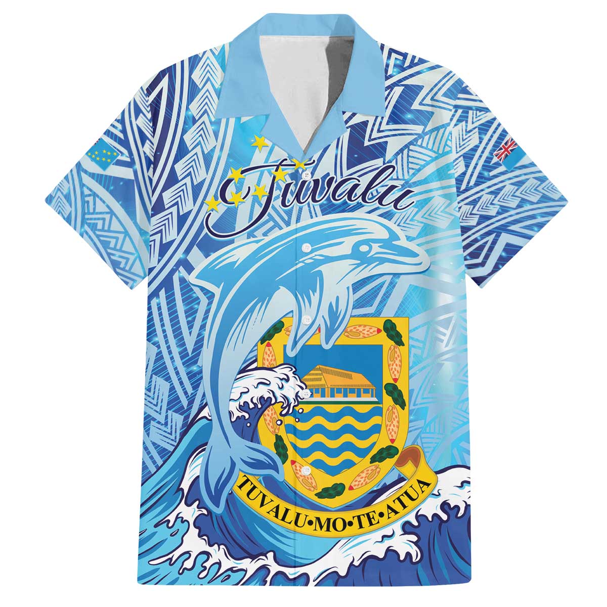 Tuvalu mo te Atua Family Matching Off The Shoulder Long Sleeve Dress and Hawaiian Shirt Tuvalu Dolphin Polynesian Pattern LT01 Dad's Shirt - Short Sleeve Blue - Polynesian Pride