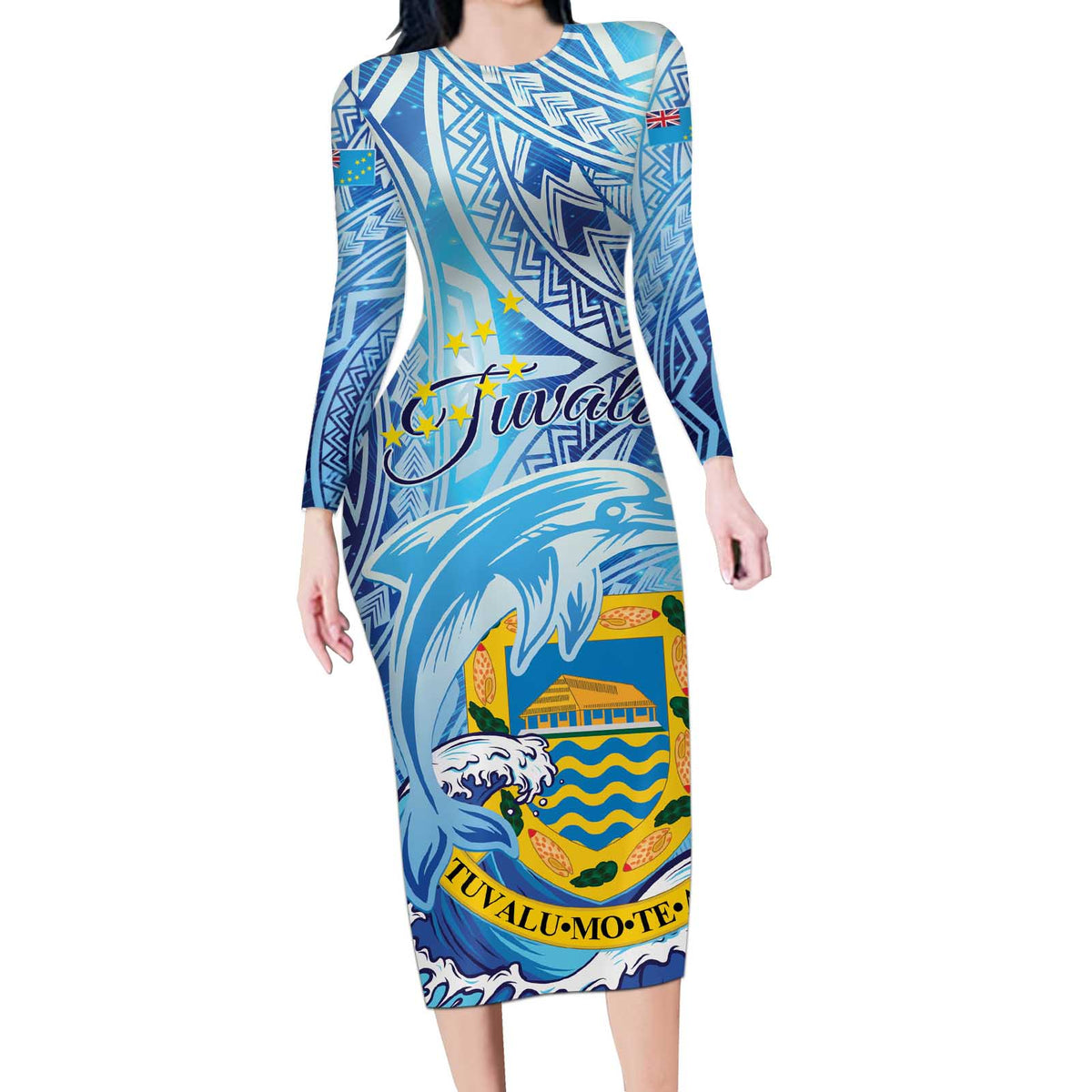 Tuvalu mo te Atua Long Sleeve Bodycon Dress Tuvalu Dolphin Polynesian Pattern LT01 Long Dress Blue - Polynesian Pride