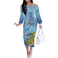 Tuvalu mo te Atua Off The Shoulder Long Sleeve Dress Tuvalu Dolphin Polynesian Pattern LT01 Women Blue - Polynesian Pride