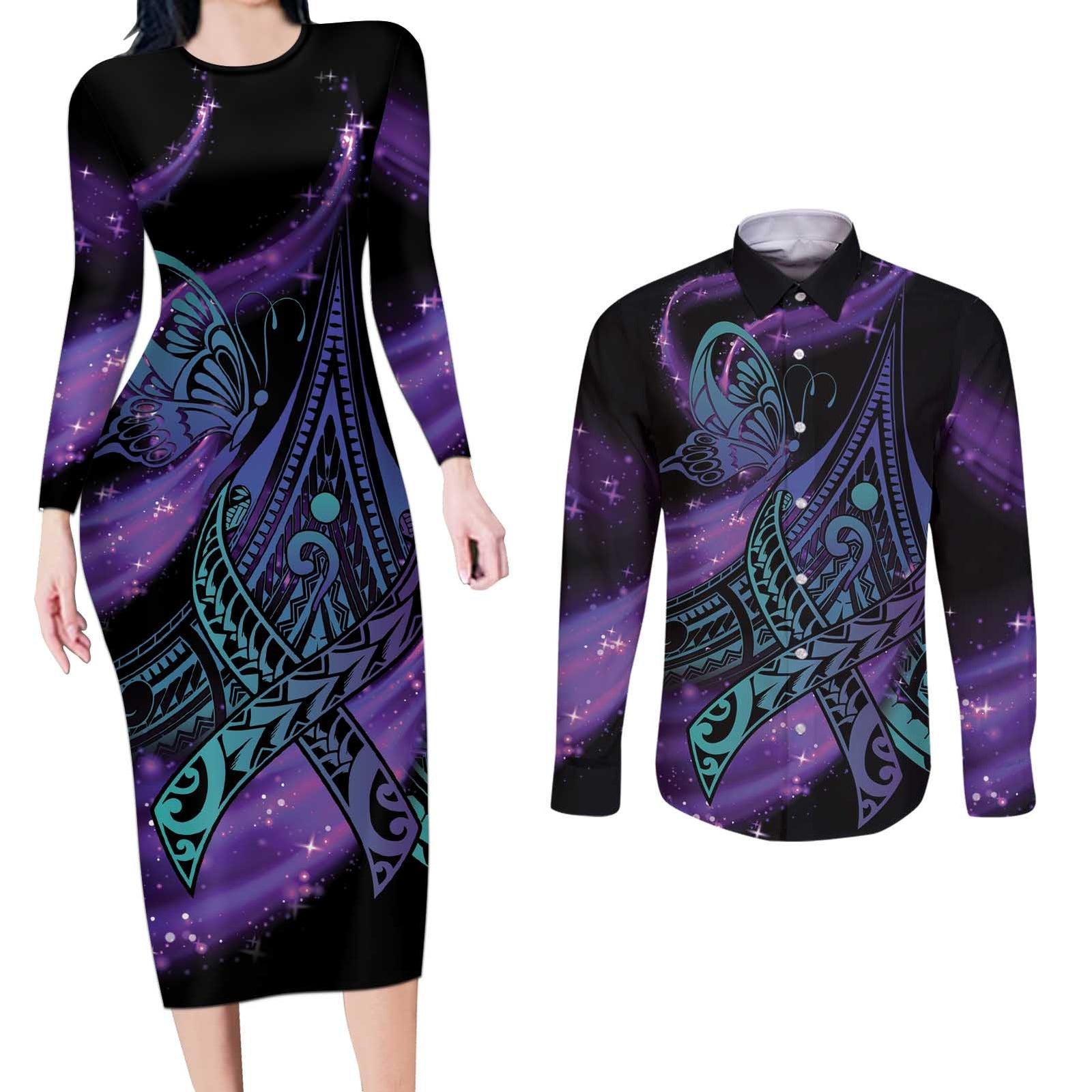 In September We Wear Teal And Purple Couples Matching Long Sleeve Bodycon Dress and Long Sleeve Button Shirt Magic Ribbon Semicolon