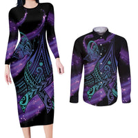 In September We Wear Teal And Purple Couples Matching Long Sleeve Bodycon Dress and Long Sleeve Button Shirt Magic Ribbon Semicolon LT01 Purple - Polynesian Pride
