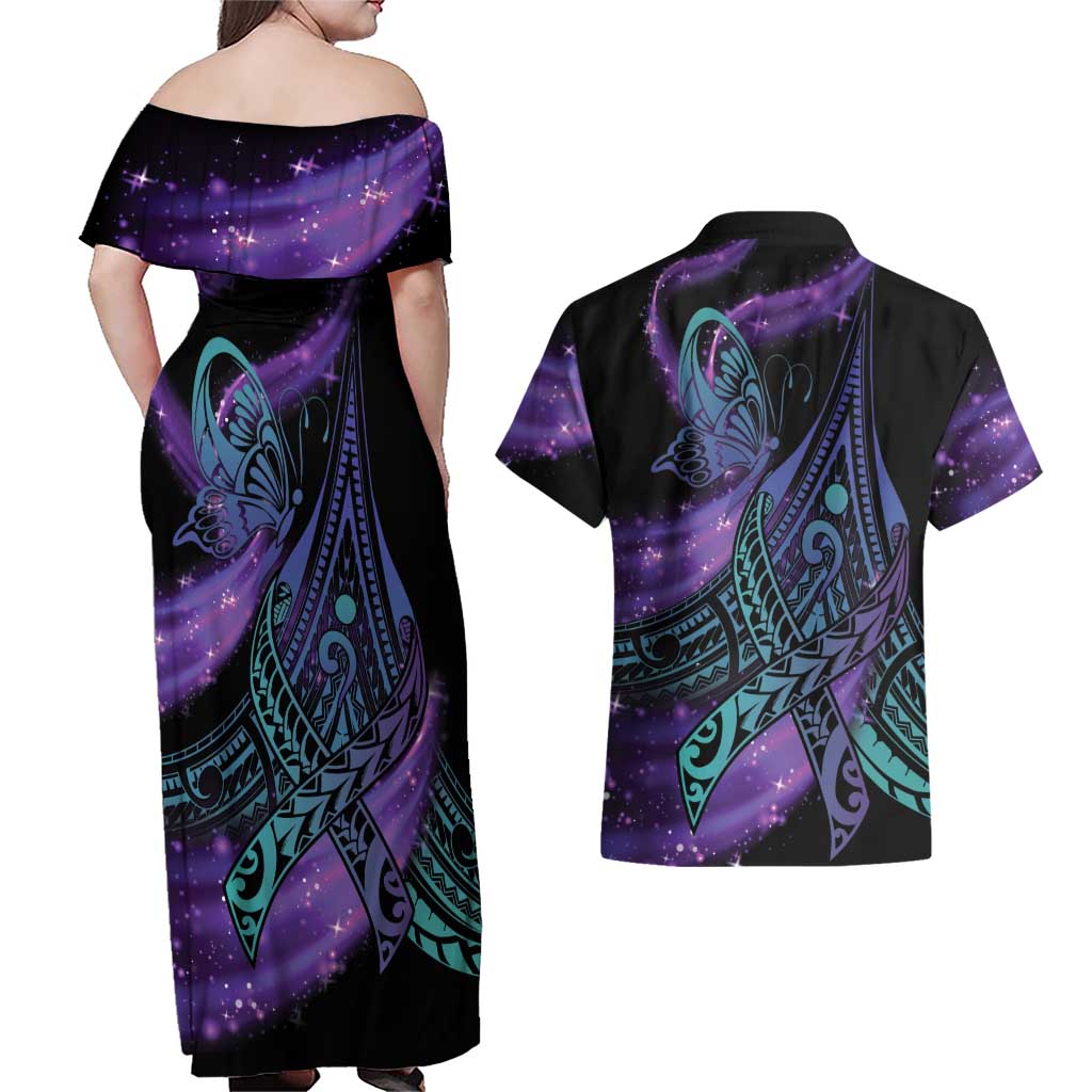 In September We Wear Teal And Purple Couples Matching Off Shoulder Maxi Dress and Hawaiian Shirt Magic Ribbon Semicolon LT01 - Polynesian Pride
