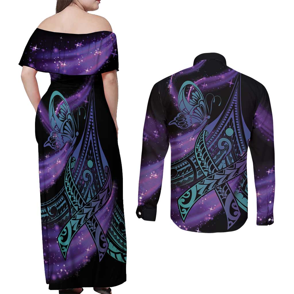 In September We Wear Teal And Purple Couples Matching Off Shoulder Maxi Dress and Long Sleeve Button Shirt Magic Ribbon Semicolon LT01 - Polynesian Pride